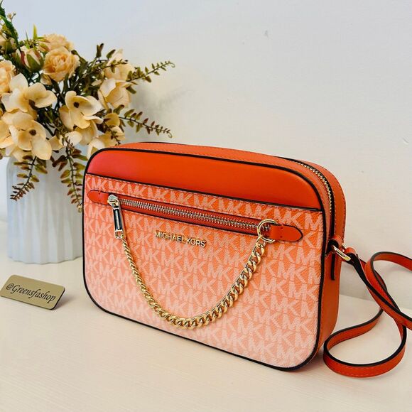 Michael Kors Purse Jet Set Large Ombré Signature Logo Crossbody Body Red Clay - Picture 2 of 12